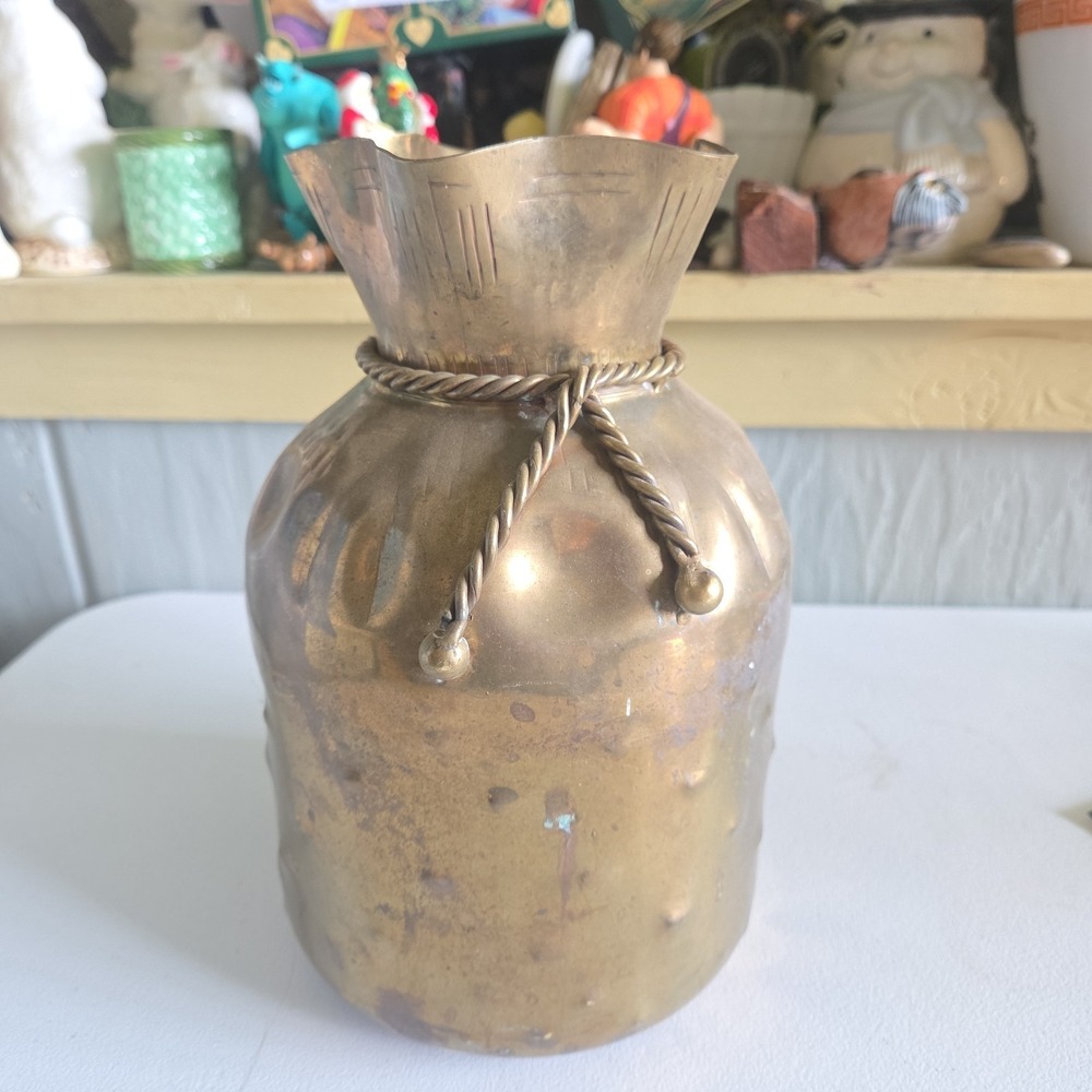 MCM Brass Money Coin Bag Vase Rope Tie Design Spain Patina